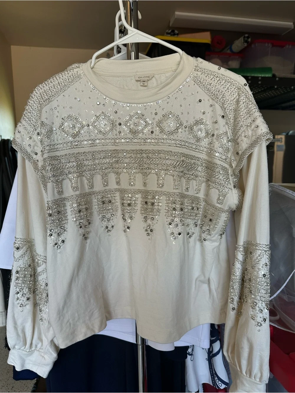 Anthropologie Ivory Sequin & Bead Embellished Sweatshirt